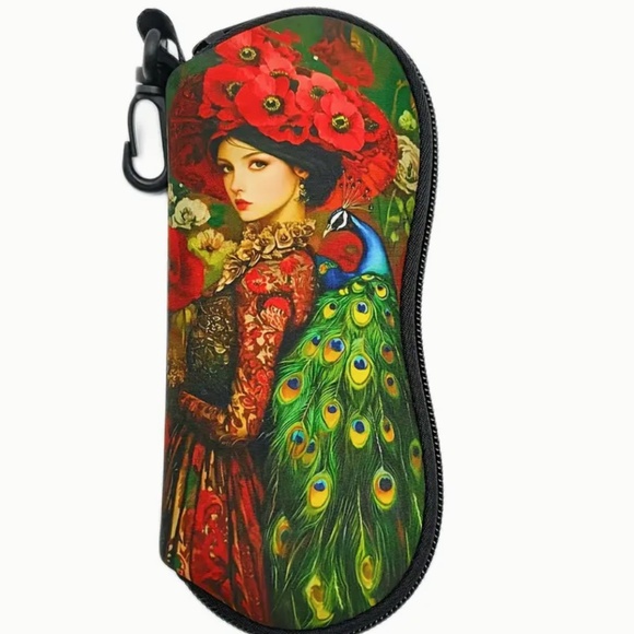 Eyeglass Case - Vintage Lady & Peacock Floral Design With Zipper Closure - Picture 1 of 7
